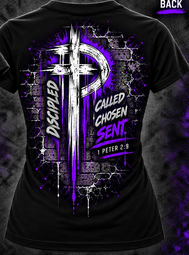 Called. Chosen. Sent. Women's Tee — full back print in violet
